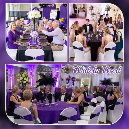 Moukeren 12 Pcs Black and Purple Spandex Chair Sashes Halloween Party Stretch Chair Ties Bows with Buckle Slider Blocking for Halloween Holiday Birthday Party Banquet Decoration