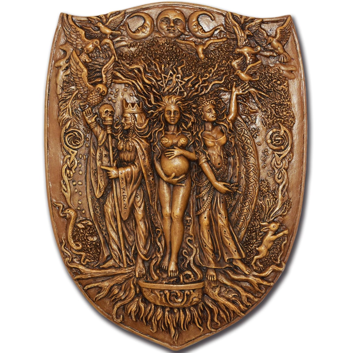 Pinra Triple Moon Wall Decor Pagan Wiccan Triple Goddess Maiden Mother Crone Shield Statue Celtic Wall Art Irish Feminism Gods Hanging Shield Wall Plaque Sculpture Khaki