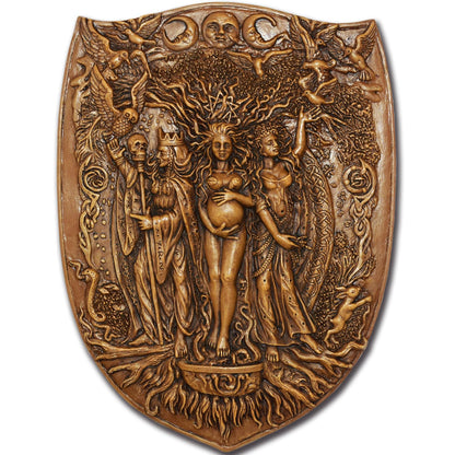 Pinra Triple Moon Wall Decor Pagan Wiccan Triple Goddess Maiden Mother Crone Shield Statue Celtic Wall Art Irish Feminism Gods Hanging Shield Wall Plaque Sculpture Khaki