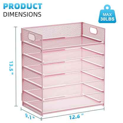 Marbrasse 2 Pack Desk Organizer with Handle, 6 Tier Paper Letter Tray, Mesh Desk File Organizer for Office, School and Home - Pink