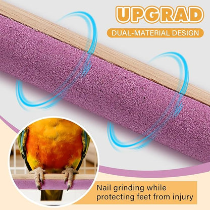 Wooden Bird Perch Stand with Grinding, 2Pcs Parrot Cage Stand Branch, No Hurt Foot Claw Grinding Bird Perch for Cockatiels, Parakeets, Lovebirds