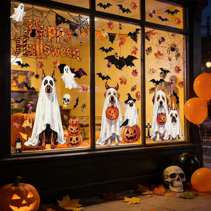 Whaline Extra Large Halloween Ghost Dog Window Clings Autumn Leaves Pumpkin Dog Bat Reusable Anti-Collision Windows Decor for Home Classroom Office Party Supplies, 4 Sheets