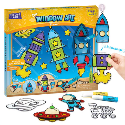 Imagimake Window Art Rocket | Low Mess Suncatcher Kit | 16 Pieces Glass Painting Set | Kids Activities Ages 5-8 | DIY Craft Kit | Birthday Gift for Boys & Girls Ages 5,6,7,8,9,10,12 Years Old