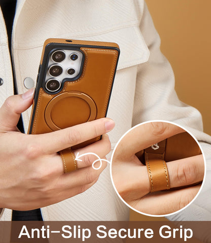 Butaiga for Samsung Galaxy S26 Ultra Case Leather with Stand, Anti-Slip Grip Ring, Fits for MagSafe (Brown, S26 Ultra)