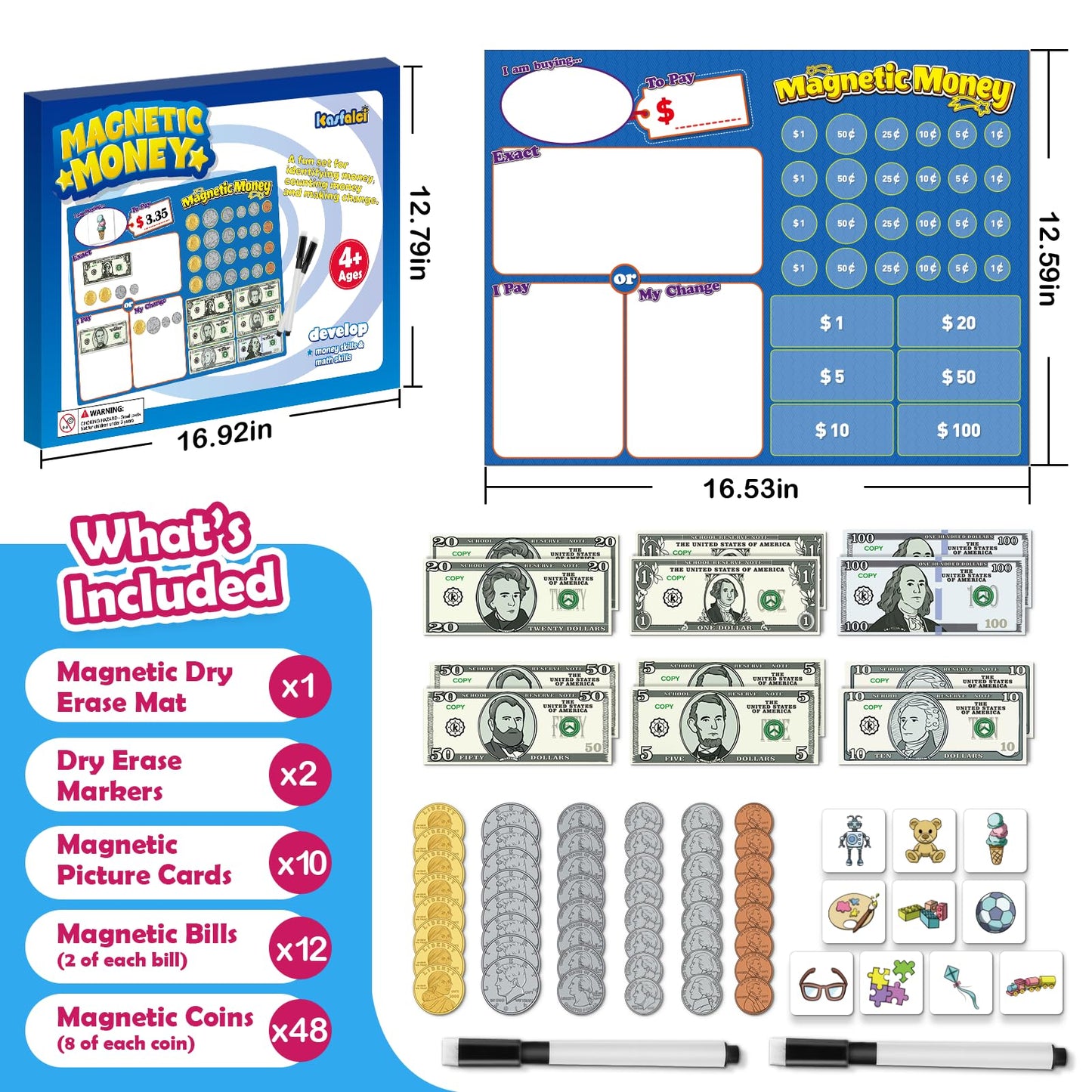 Kasfalci 73 PCS Magnetic Money for Kids for Learning, Math Manipulatives, Learning & Education Toys for Classroom, Pretend Play, Math Games for Toddler, Teacher and Homeschool Supplies