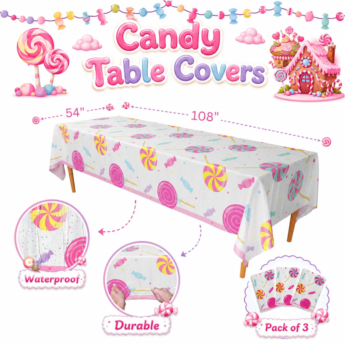 Blue Orchards Candy Table Covers (Pack of 3) - 54"x108" XL - Table Cloth, Party Supplies, Decorations, Lollipop Birthday Party, Halloween Candyland Theme Disposable Plastic Tablecloth Pack