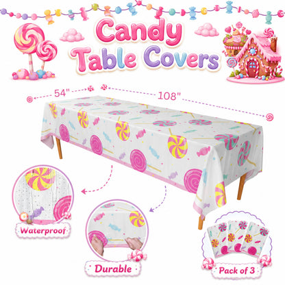Blue Orchards Candy Table Covers (Pack of 3) - 54"x108" XL - Table Cloth, Party Supplies, Decorations, Lollipop Birthday Party, Halloween Candyland Theme Disposable Plastic Tablecloth Pack