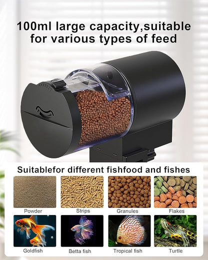 Automatic Fish Feeder for Aquarium, Helps Keep Fish Fed While You’re Away, Large 100ml Capacity with Adjustable Feeding Timer, Battery Operated Auto Feeder for Flakes and Pellets (Black)