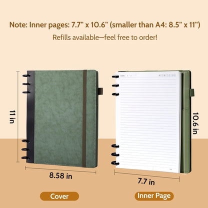 Yoment Refillable Notebooks for Work 5 Subject with Removable Dividers Tabs 240 Pages Hardcover Leather Journals for Writing Large Discbound Planner Colleged Ruled Paper for Women Men 8.58 x 11,Green