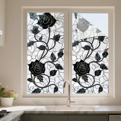 IVN Privacy Window Film Black Rose Vine Decorative Window Cling Stained Glass Style Static Cling Glass Sticker for Bathroom Entryway Kitchen Door Panel 17.7 x 39.3 Inch