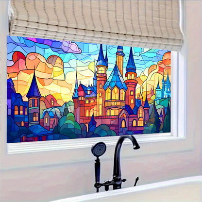 HOMETITUTE Stained Glass Castle Pattern Rainbow Window Film 39.3x17.7 inches Non-Adhesive Removable Reusable for Glass Door Home and Office Bedrooms PVC Static Cling Sticker