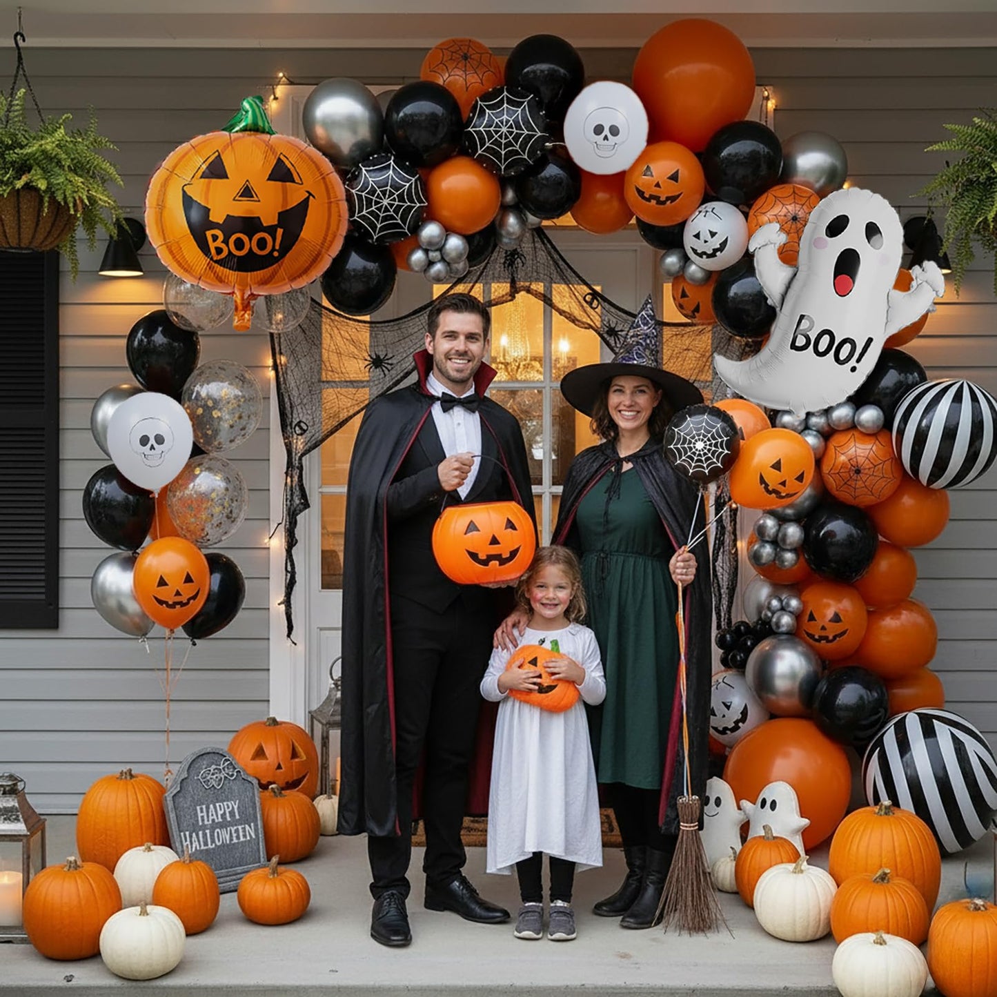 Summerween balloons arch kit Orange Black Silver ghosts print balloons and Pumpkin Monster mylar balloons forkid friendly halloween Birthday Spooky Theme Festival rick or Treat game Decorations