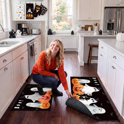Fourluoo 10 Pcs Halloween Ghost Kitchen Decor Set Kitchen Rugs Dish Towels Oven Mitts and Pot Holders Set Ghost Decorations for Halloween Cooking Baking Grilling