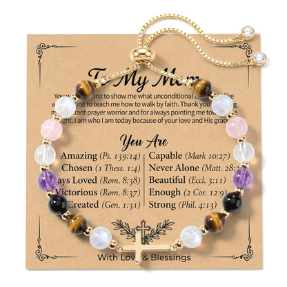 Aghfacy Christian Gifts for Mom Cross Bracelet Natural Gemstone Crystal Bracelet Gold Cross Charm Birthday Gifts for Mom Religious Gift Adjustable with Message Card