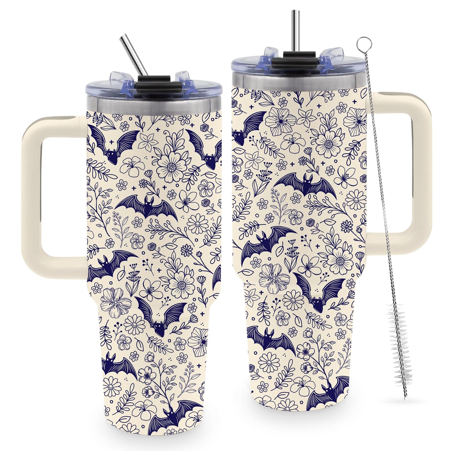 TNASURHUS 40 Oz Halloween Tumbler, Beige Bat Goth Water Bottle with Handle and Straw, Stainless Steel Coffee Travel Mug Cup, Christmas Halloween Birthday Gifts for Men, Women, Friends