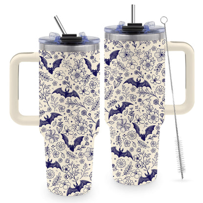 TNASURHUS 40 Oz Halloween Tumbler, Beige Bat Goth Water Bottle with Handle and Straw, Stainless Steel Coffee Travel Mug Cup, Christmas Halloween Birthday Gifts for Men, Women, Friends