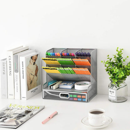 Marbrasse Larger Mesh Desk Organizer with Drawer, Multi-Functional Pen Pencil Holder, Desk Organizers and Accessories for Office Art Supplies (Silver Mesh Pen Holder with Drawer)