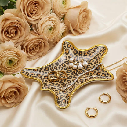 Bokon Leopard Jewelry Tray Trinket Plate 6.3 x 4.7 Inch Ceramic Cheetah Print Rings Case Dish Animal Jewelry Organizer for Room Decor Women Birthday Mothers Gift