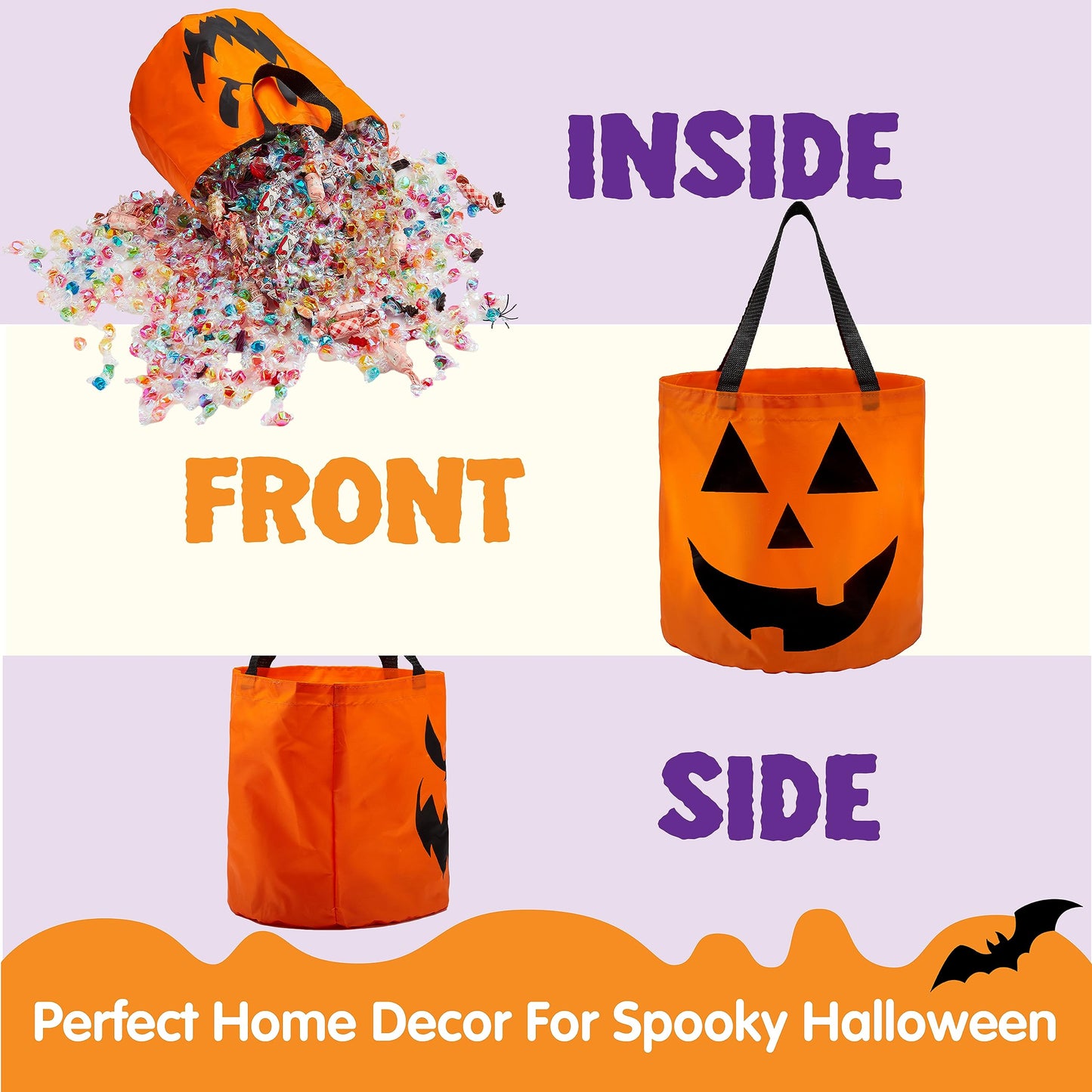JOYIN 2 PCS Halloween Trick or Treat Bags 10 x 11.8 inches LED Light Orange Pumpkin Buckets Reusable Goody Candy Bucket Trick or Treating, Halloween Birthday Party Favor Supplies