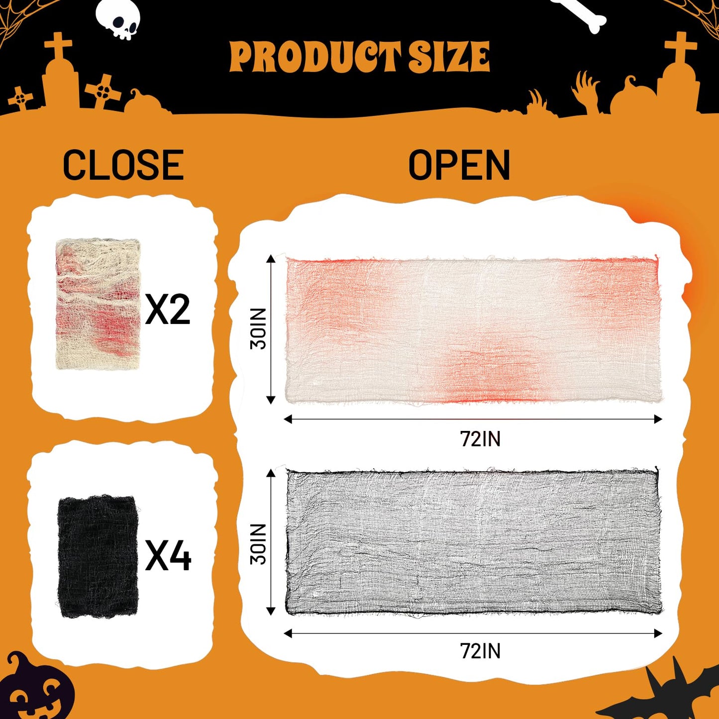 Yeomant 6Pcs Halloween Creepy Cloth 30×72inch, Scary Halloween Fabric Gauze, 2Pcs Blood 4Pcs Black Creepy Cloth for Yard, Doorway, Haunted House Party