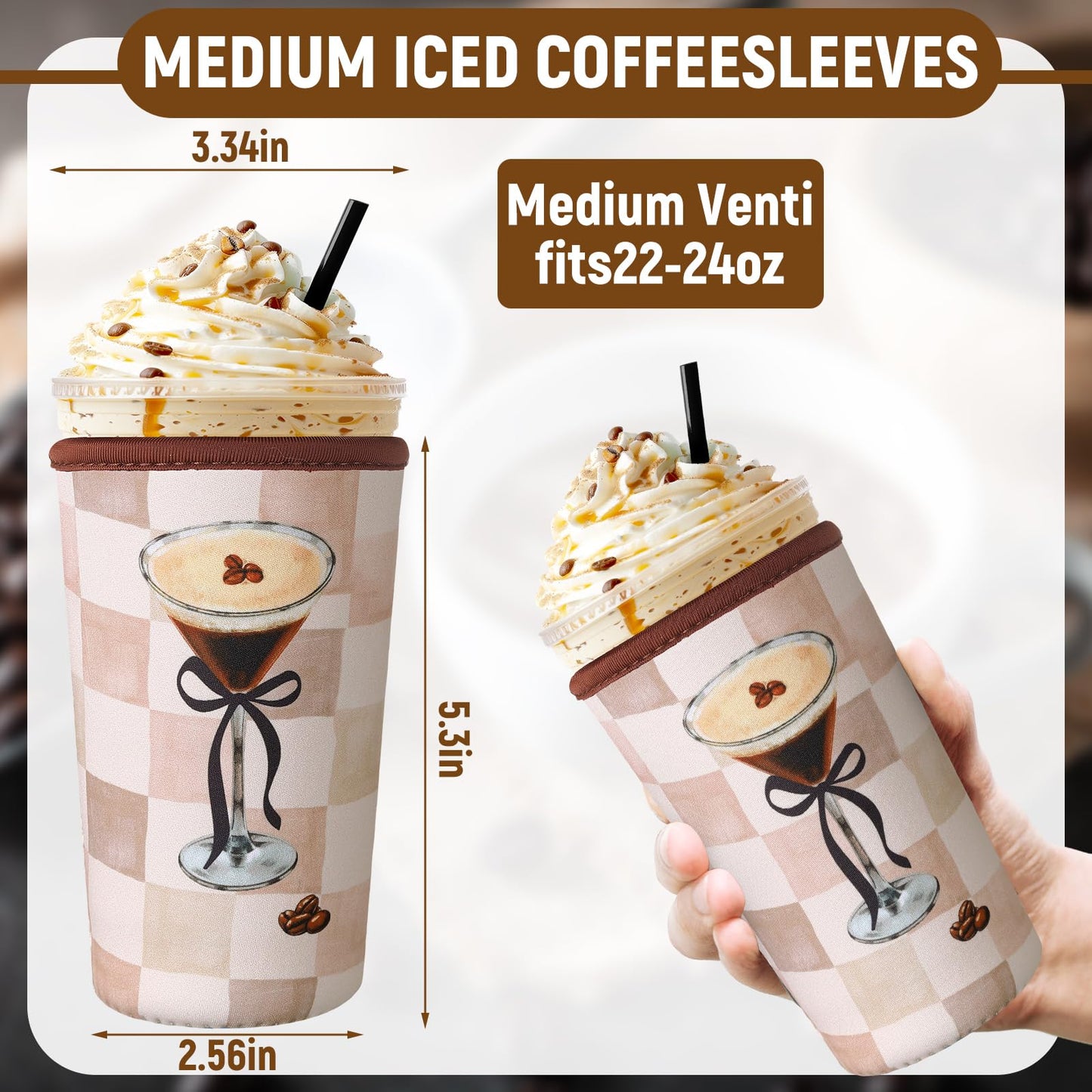 SiliFine 8 Pcs Reusable Sleeves for Iced Coffee Cup Pink Bow Cup Coolie Espresso Martini Reusable Coffee Insulator Sleeves Neoprene Insulated Holder for Iced & Hot Drinks, 22-24 oz