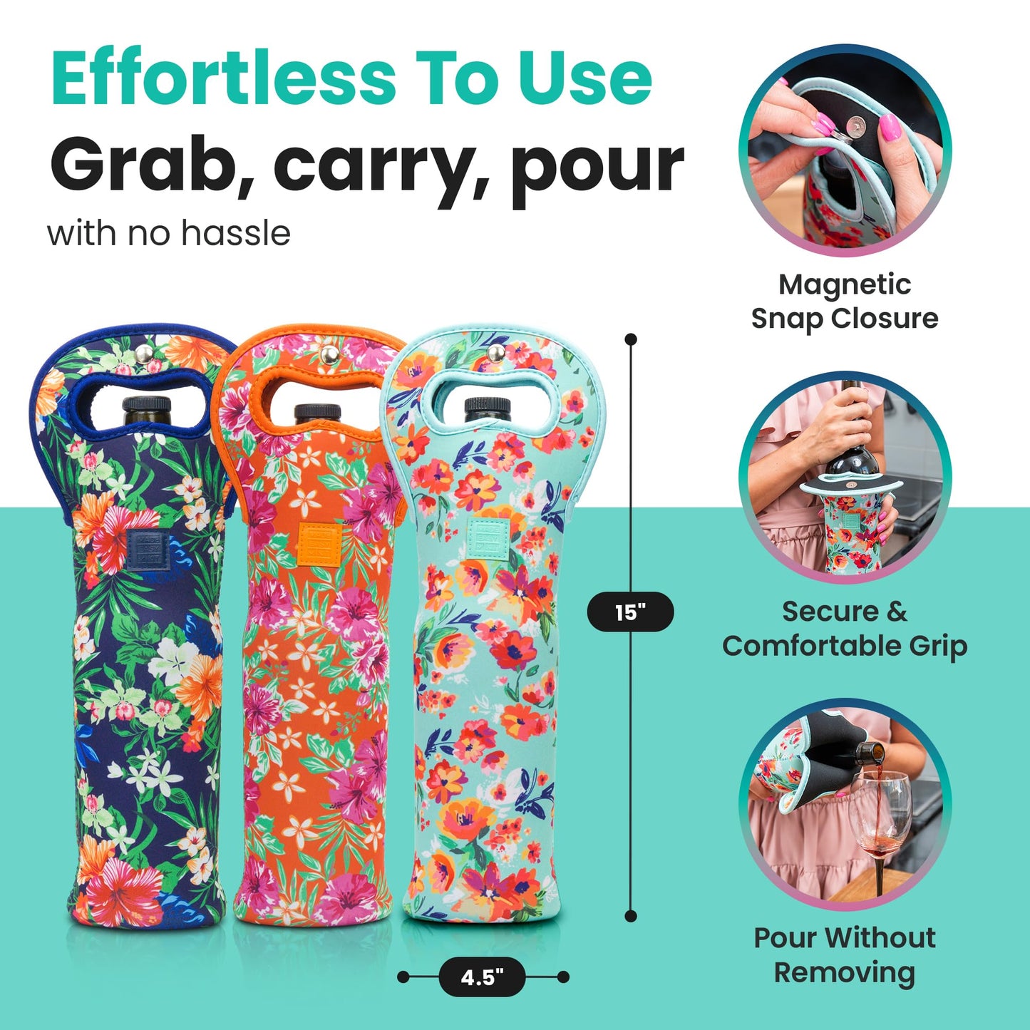 Made Easy Kit Insulated Wine Tote - Neoprene Wine Carrier Bag with Magnetic Handle Clasp - Wine Bottle Protective Travel Bag - Perfect for Gifting Travel or Gift Bag - Set of 3 (Floral Patterns)