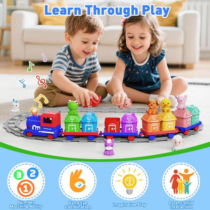 Cmiolacuna Train Set for Toddlers 2-4, Electric Toddler Train Set with Farm Animals, Music & Lights, Montessori Counting & Sorting Learning Toy, Birthday Easter for Boys Girls (Blue)