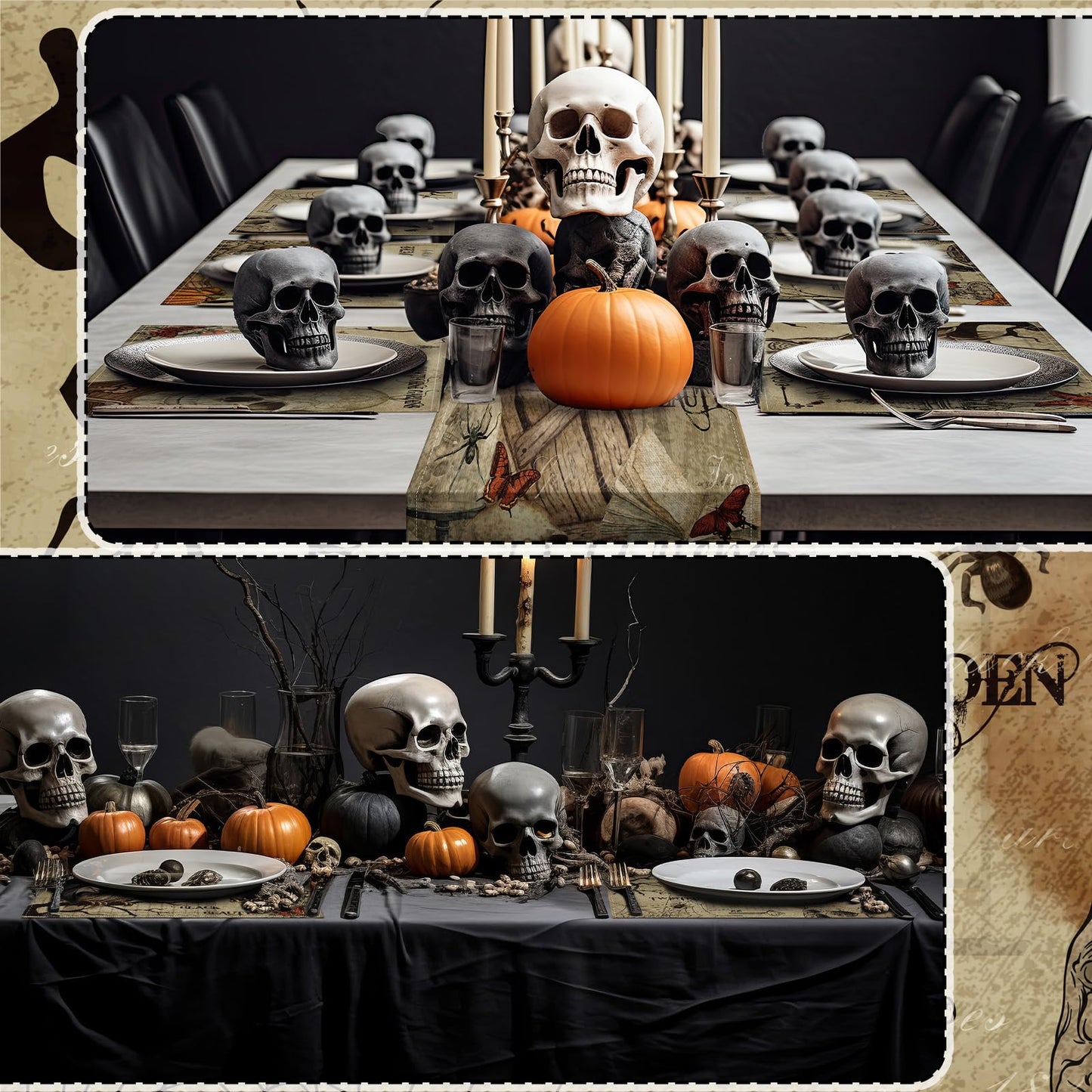 Breling 7 Pcs Halloween Placemats with Runner 12"x18" Terror Forest Gothic Bat Placemats Washable Rectangle Skull Table Mats for Halloween Kitchen Dining Table Home Accessories(Gothic)