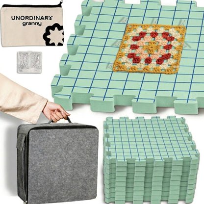 Unordinary Granny Crochet Blocking Board Set – 9 Extra Thick Interlocking Mats with Grid, 150 T-Pins, Felt Storage Bag and Cotton Pouch (Sage Green)