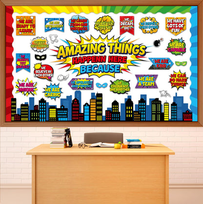 Hero Themed Bulletin Board Set Amazing Things Happen Here Classroom Decoration Motivational Positive Affirmation Super Themed Paper Cutouts for Tropical School Chalkboard Wall Decor Supplies