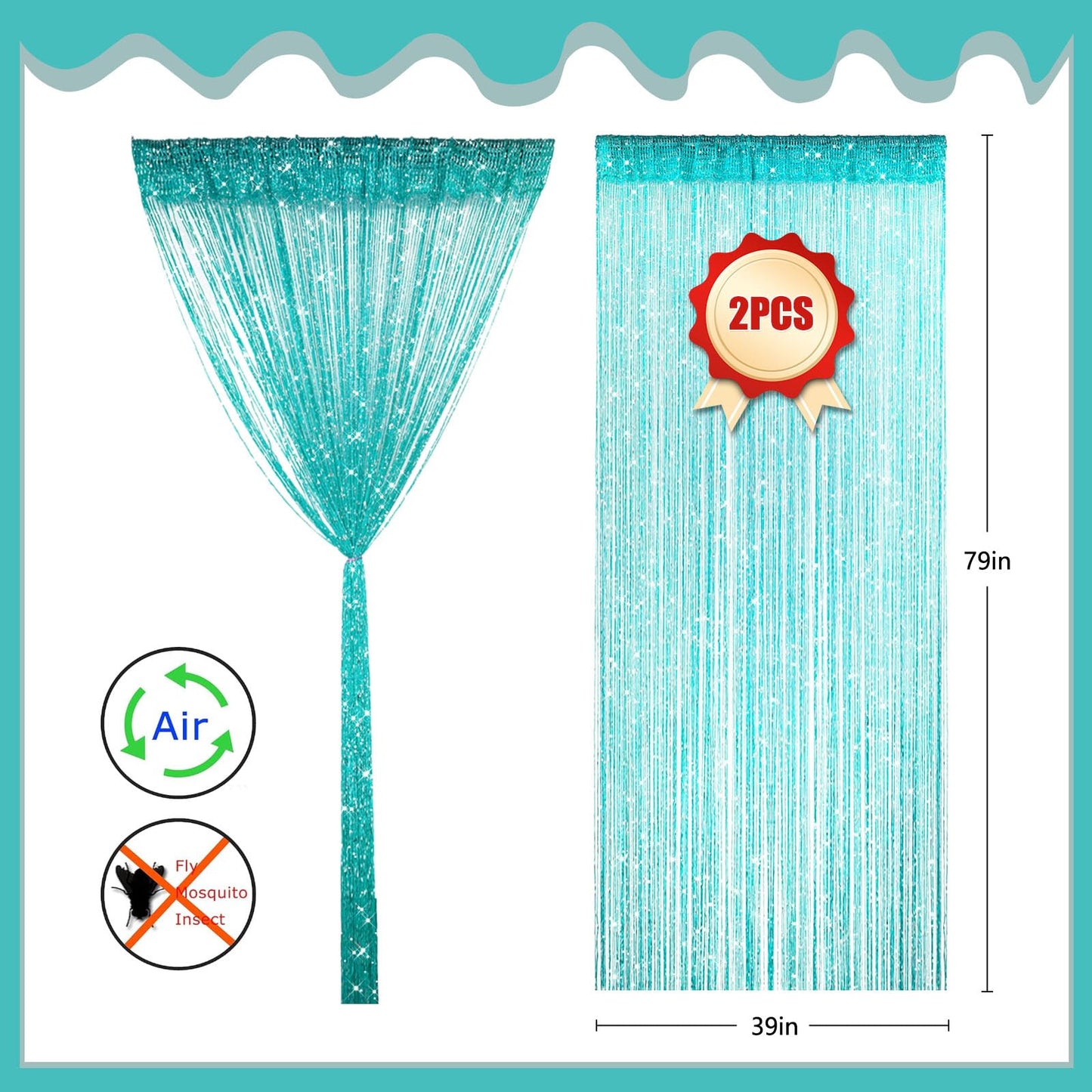 2 Pieces Teal Glitter String Curtains, 39x79 Inch Doorway Beads Curtains, String Curtain for Doorway, Room, Closet Partition, Windows Wedding Party Boho Tassel Home Decoration