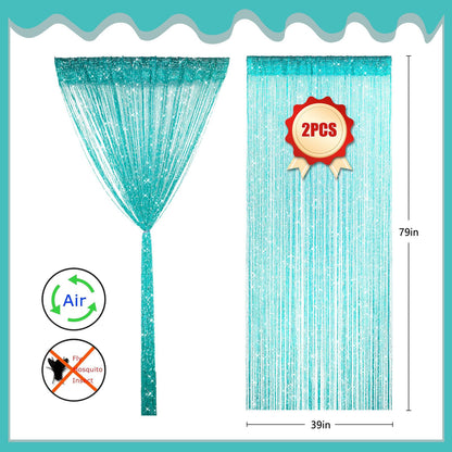 2 Pieces Teal Glitter String Curtains, 39x79 Inch Doorway Beads Curtains, String Curtain for Doorway, Room, Closet Partition, Windows Wedding Party Boho Tassel Home Decoration