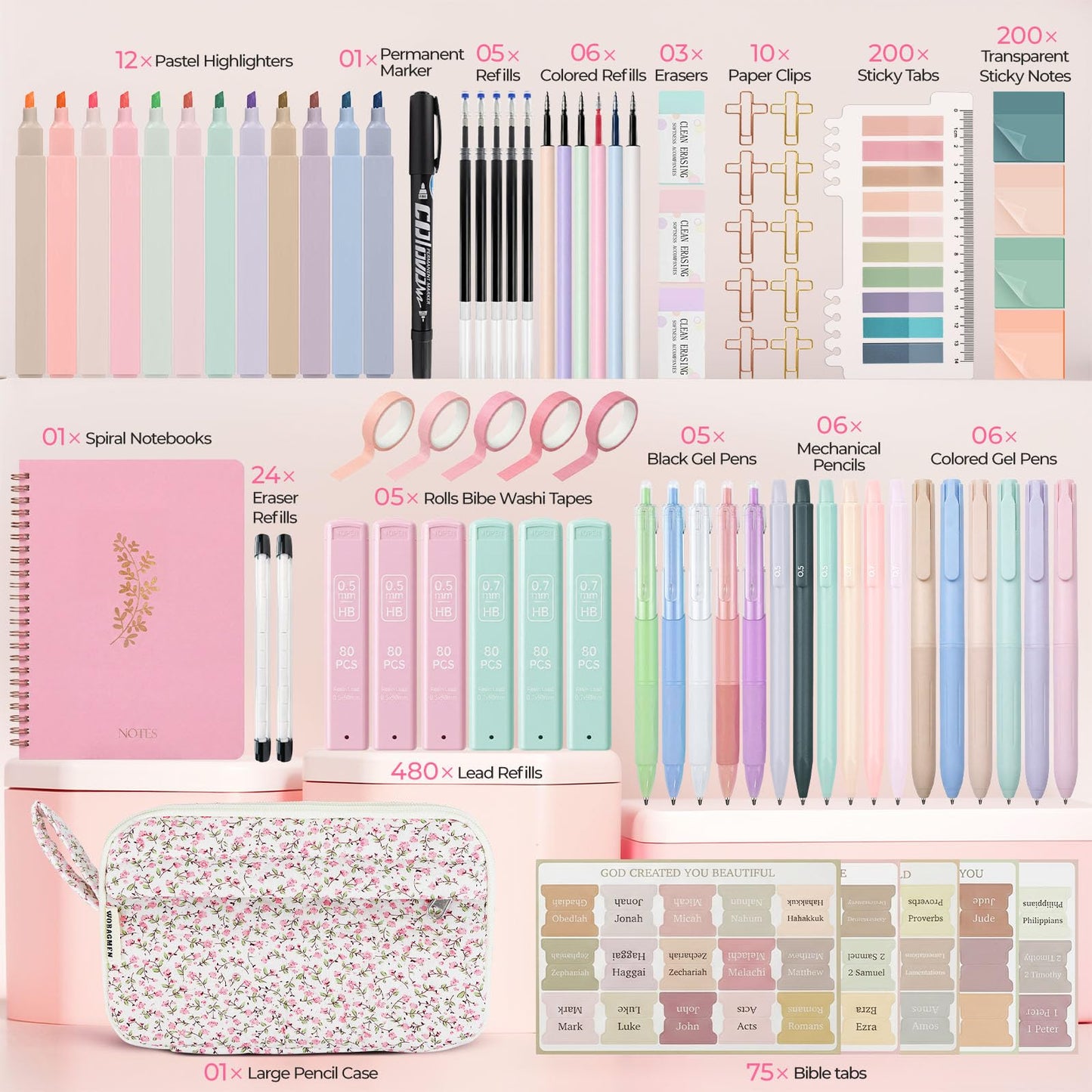 WOBAGMEN 76PCS Bible Study Supplies Kit for Women, Journaling Set with No Bleed Highlighters, Laminated Bible Tabs,Notebook, Quilted Pencil Case, Bible Accessories Set Beginner Christian Gifts