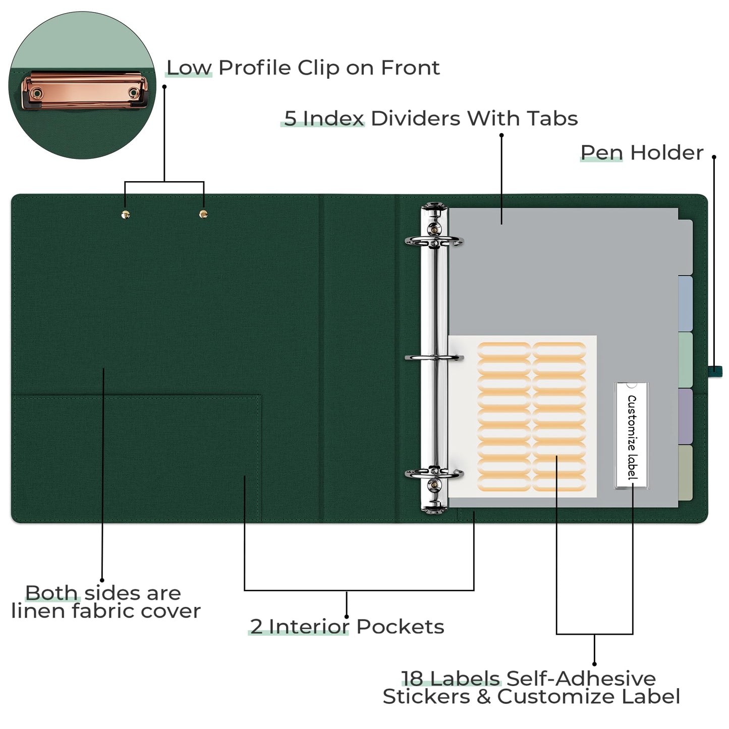 EYROZILL 3 Ring Binder 2 Inch, Binder for Letter Size (11" x 8.5") with 5 Tab Dividers, File Folder Labels and Low Profile Clipboards, Blackish Green