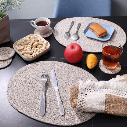 WENFOME 4 Pack Oval Woven Placemats, Mix Brown Cotton Plate Chargers with 4 Pack Round Coasters, Thick Heat Insulation Mats Household Table Mats Braided Bowl Mats Fabric Rustic Placemats for Dining