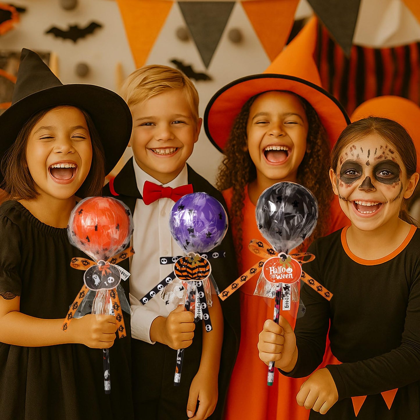 Simgoing 96 Pcs Halloween Party Favors Gift Trick or Treat Container Halloween Pencil Empty Giant Lollipop Stationery Candy Fillable Hold Plastic Lollipop Storage for Classroom Gifts