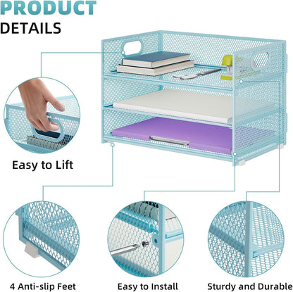 Marbrasse 3 Tier Paper Organizer Letter Tray, Mesh File Organizer with Handle, Paper Sorter Desk Organizer for Home Office Supplies(Blue)