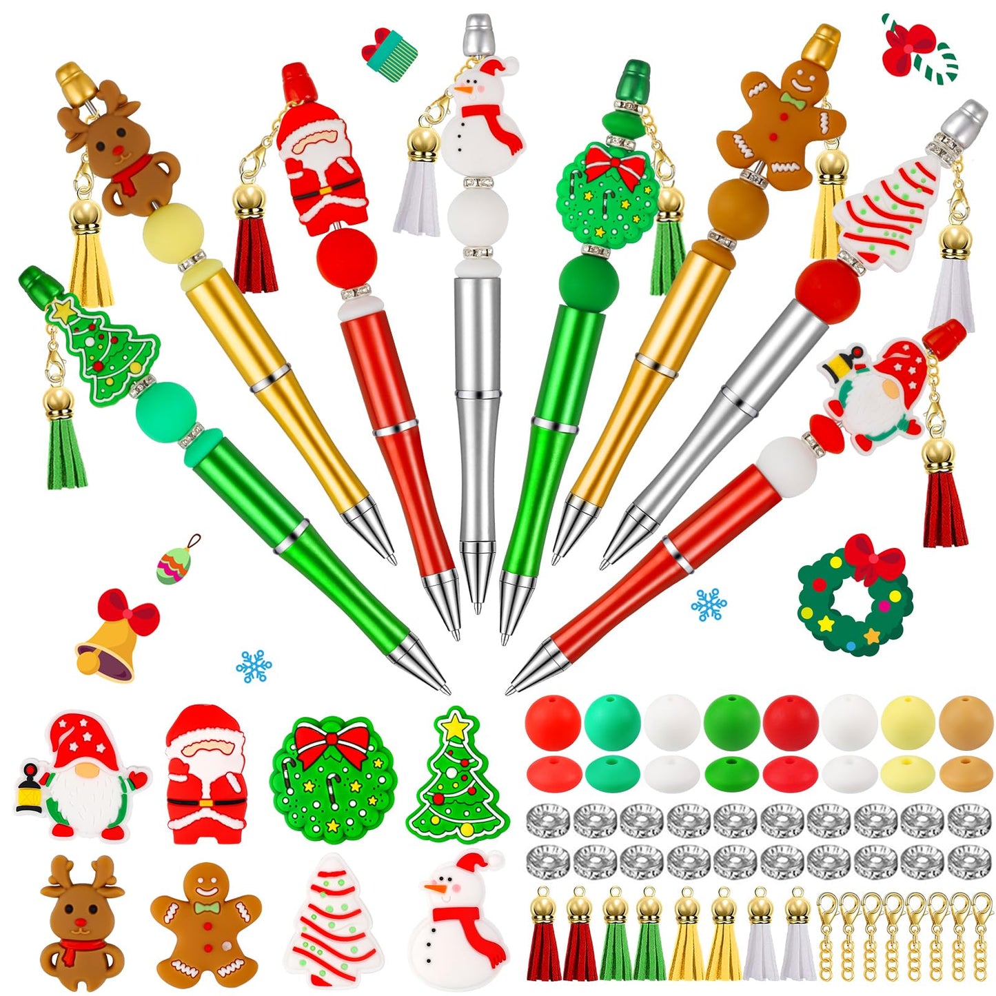 CZWZ 8 Pcs Christmas Beadable Pens, Plastic Beadable Pens with Multicolor Silicone Beads, Christmas Snowman Pine Tree Floral Hoop Deer Pens for Christmas Office School Supplies