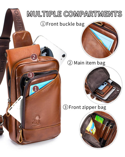 STEELLION Leather Crossbody Bag for Men, Genuine Cowhide Chest Bag with Large Capacity, 3 Card Slots, 2 Pen Holders and Organizer, Men's Sling Bag for Business, Travel, Casual and Daily Use (Brown)