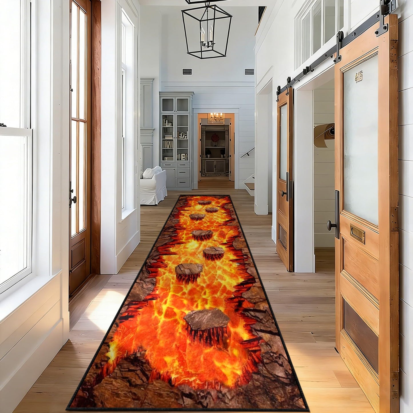 3D Optical Illusion Flame Runner Rug, 1.3x7ft, Abstract Lava Long Kitchen Rugs,Retro Rock Cracks Print Laundry Room Runner Rug, for Entryway Indoor Bedroom Runner Rugs