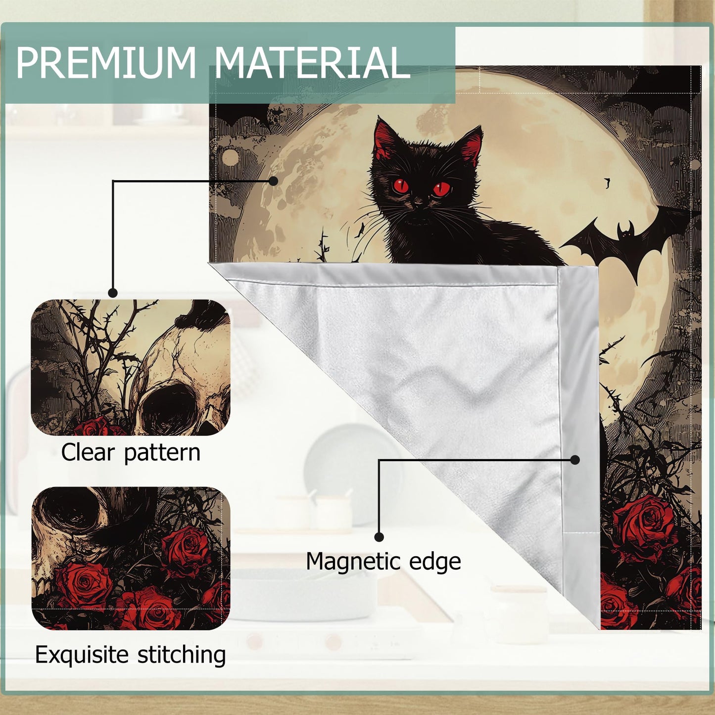 Gothic Black Cat Dishwasher Magnets Decorative Cover,Halloween Skull Flowers Waterproof Magnetic Dishwasher Cover Panel,Refrigerator Magnet Cover for Kitchen Home Decor 23x26 Inch