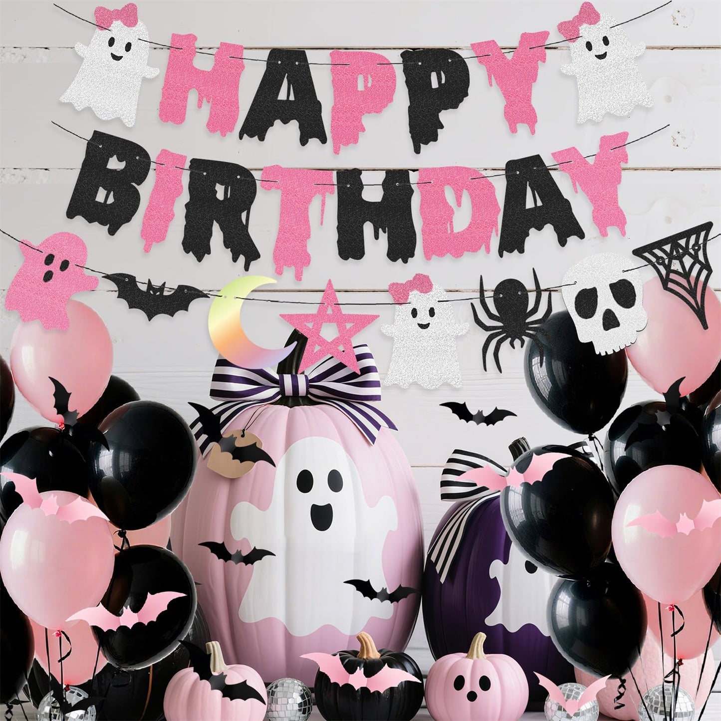Halloween Happy Birthday Banner Garland 12in Pink Black Balloons Bat Sticker Set for Baby Shower Pink and Black Halloween Birthday Party Decorations