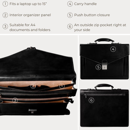 Time Resistance Leather Briefcase for Men - Business Laptop Bag - Italian Handmade Leather Bag - Attache - Gift Box Included (Black)