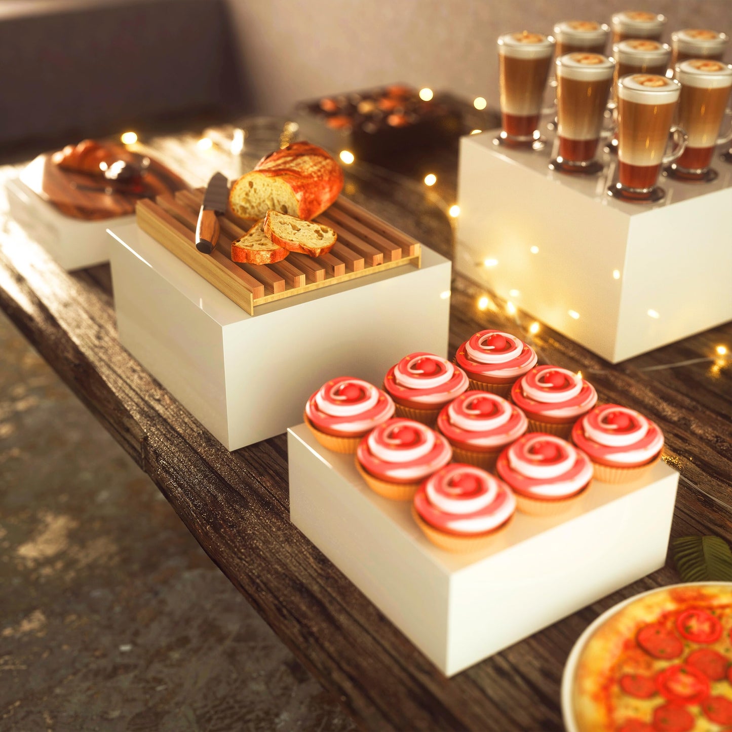 10” Large Buffet Risers with Mini Signs, Table Risers, Buffet Risers and Stands, Acrylic Cube Display Box Riser for Catering Party Buffet Table Food Display, Dessert, Cakes - White, Set of 4 Boxes
