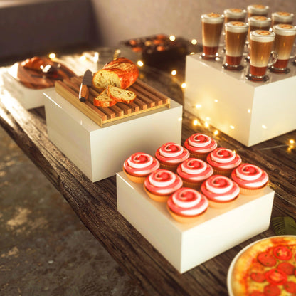 10” Large Buffet Risers with Mini Signs, Table Risers, Buffet Risers and Stands, Acrylic Cube Display Box Riser for Catering Party Buffet Table Food Display, Dessert, Cakes - White, Set of 4 Boxes