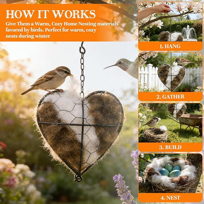 Handmade Alpaca Fiber Bird Nesting Heart,Refillable Hummingbird Nest Holder,Birds Nests Material Holder,Winter Tree Shelter for Wild Bird,Hummingbird Houses Nest Boxe for Outside Garden Art Birdhouse