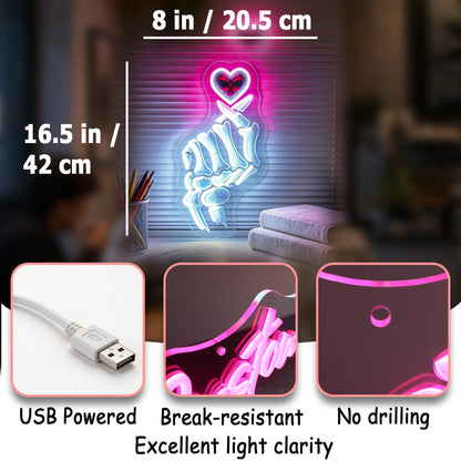 Whfobfe White&Pink Neon Sign Led Neon Lights Signs for Wall Decor USB Powered Led Signs for Room Decoration-Skeleton Finger Heart
