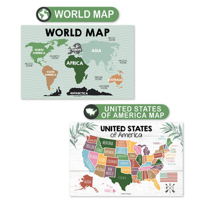 4 Alphabet, Map of United States, World Map, & Solar System Posters - Laminated ABC Charts for Toddlers Wall Decor, Farmhouse Posters for Kindergarten, Prek Classroom or Homeschool 11x17