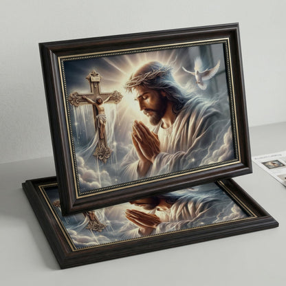 Dark Brown Framed Jesus Praying Canvas Wall Art Good Friday Wall Decor Picture Christian The Cross Carrier Pigeon Poster Print Painting for Church Prayer Room Living Room Bedroom Home Decoration