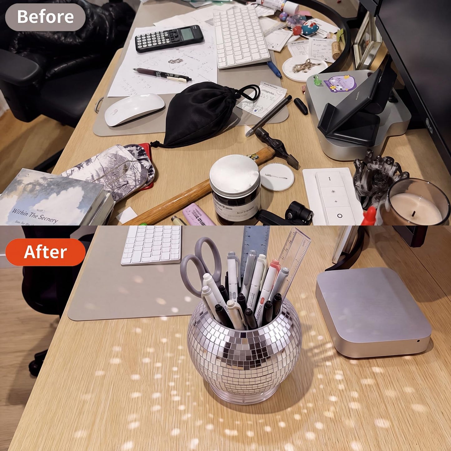 Gandeer 360 Degree Rotating Disco Ball Pencil Holder for Desk 4.5 Inch Back to School Desk Accessories Disco Pen Makeup Brush Organizer with Silver Sequins for Office Classroom Bedroom Decor